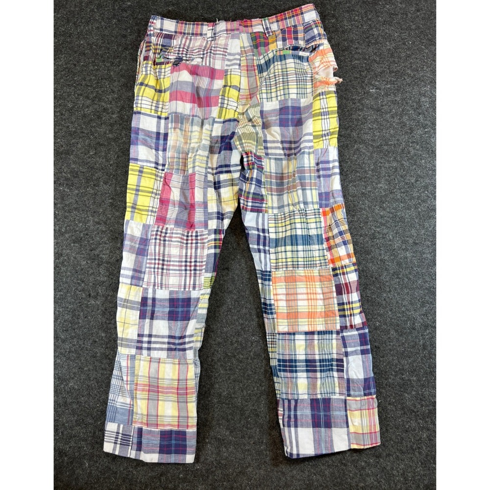 VINTAGE 70s Madras Plaid Pants Mens 36x29 Blue Patchwork Straight Leg Trousers